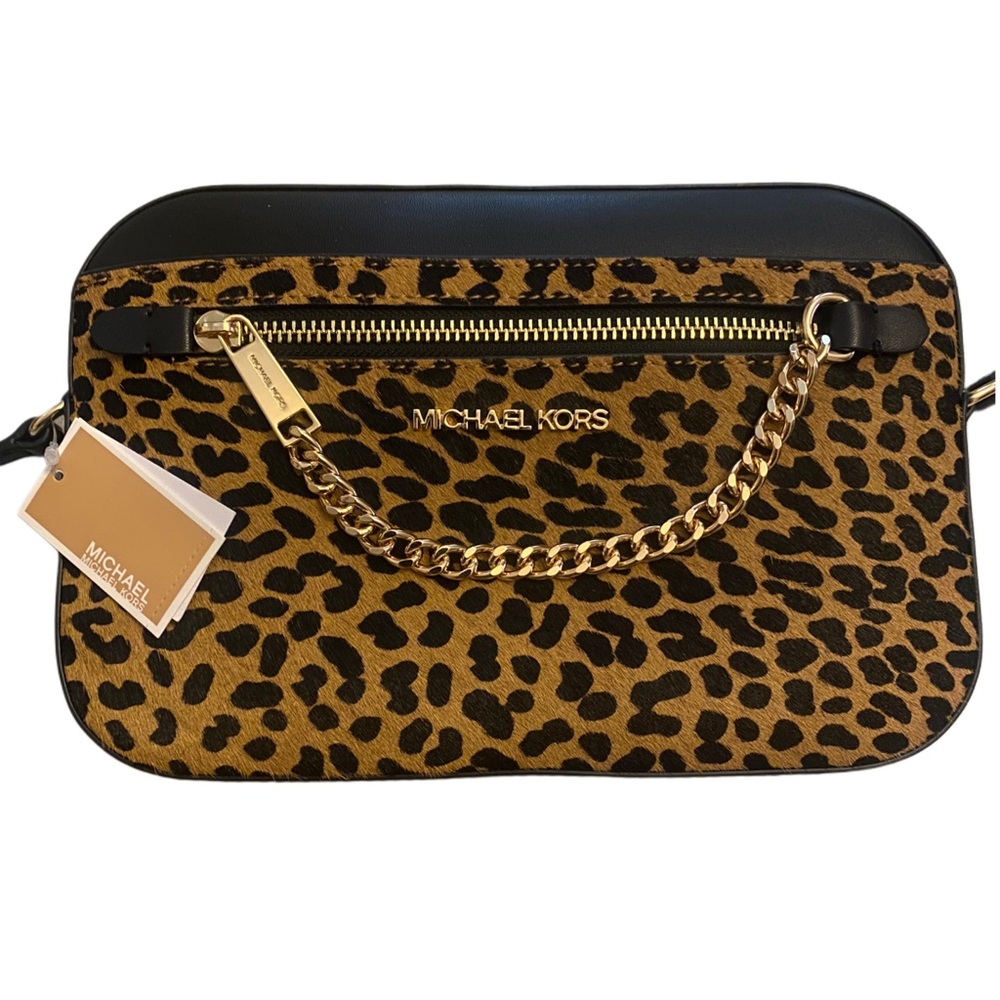 Michael Kors Leopard Print Calf Hair Large Jet Set Crossbody Bag - Picture 4 of 6